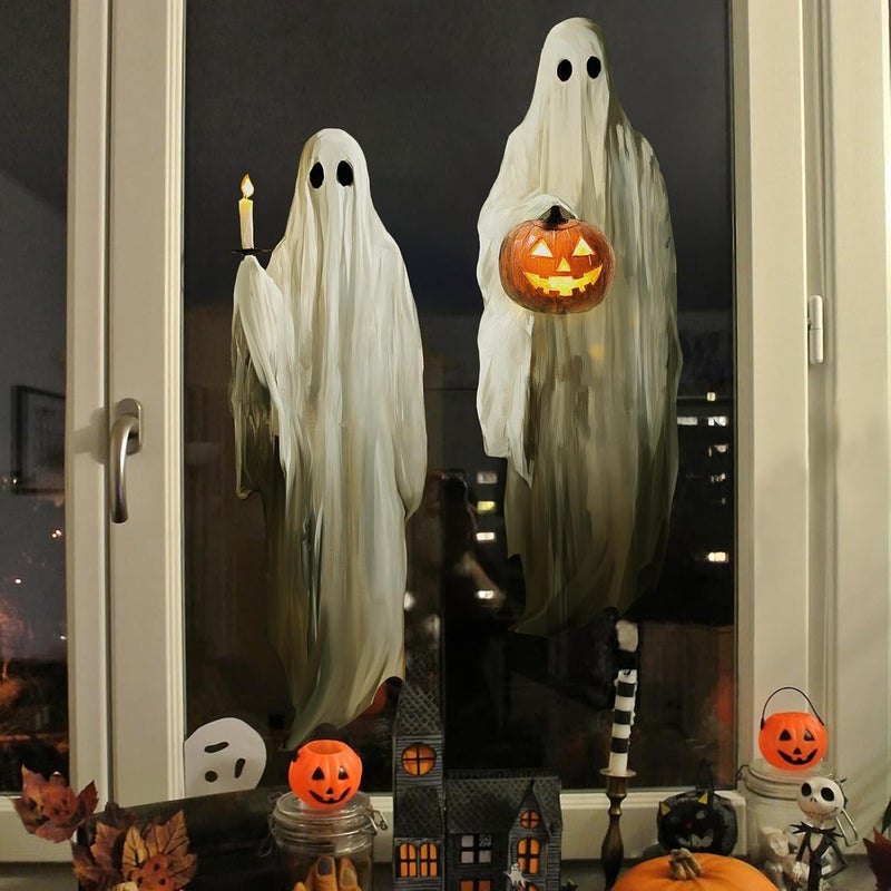 Treory Halloween Decorations Window Clings Decor, 3pcs Extra Large Scary White Ghosts with Pumpkin Lantern Halloween Window Decals Indoor, Creppy School Home Office Party Supplies for Glass Windows, 3 Sheets - Image 4